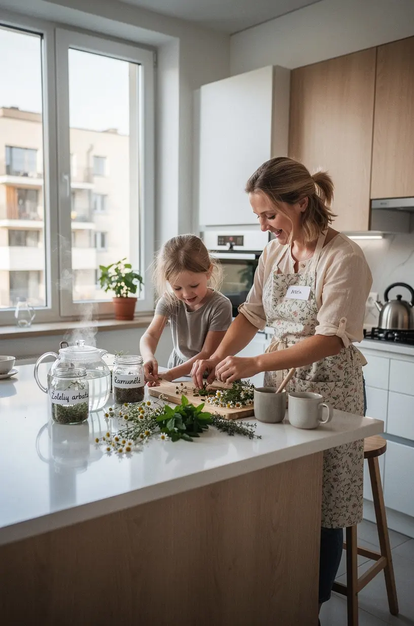 Vakaro ritualas su žolelių arbata ant minkštos sofos, įkvėpiantis atsipalaidavimą ir gerą miegą.