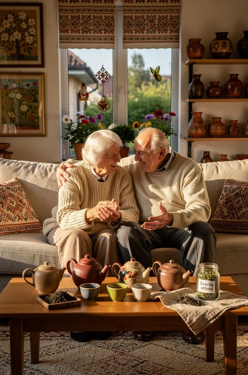 Žolelių arbatos lapai, išdėstyti ant lino servetėlės, atspindintys natūralų gyvenimo būdą ir sveikatą.