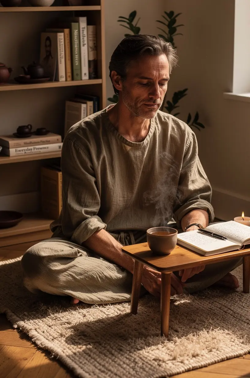 Rytinė arbatos puodelio ceremonija ramiai prasideda ant medinio stalo su žvakės šviesa.