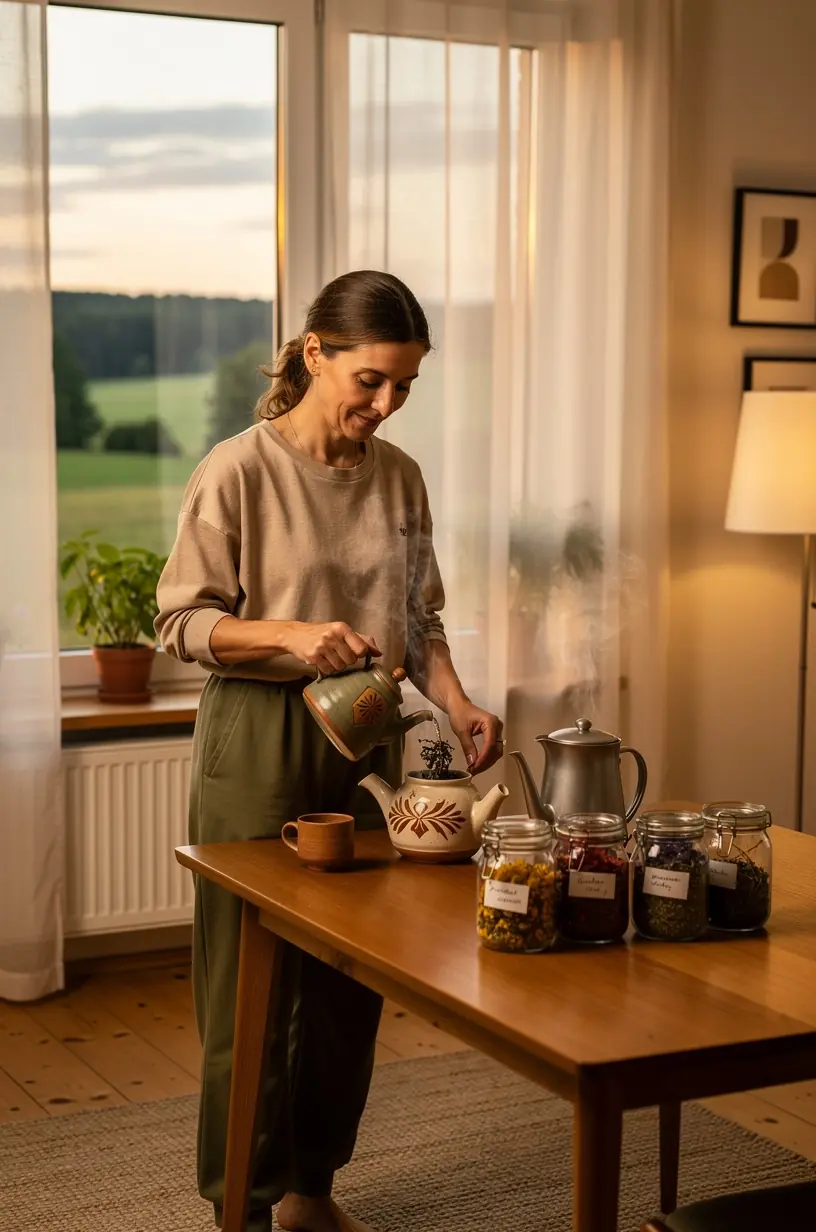Žmogaus ranka švelniai laikanti arbatos puodelį jaukioje namų aplinkoje prieš miegą.