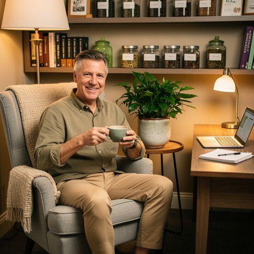 Arbatos puodelis ant medinio stalo su raminančiais žolelių lapais šalia ramios vakaro aplinkos